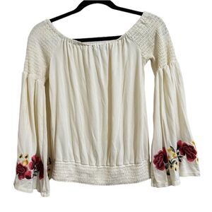 BOSTON PROPER ROSE EMBROIDERED SMOCKED OFF SHOULDER BELL‎ SLEEVE BLOUSE XS BOHO